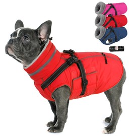 PETDSH Dog Coat Large, Built-in Harness Dog Jacket with Warm Fleece Lining, Waterproof Reflective Dogs Winter Coat, Pet Coats with Pocket and Trash Bags (Red, Large)