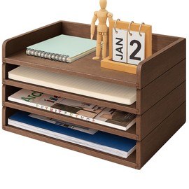 PROLEE Wooden Paper Tray Organizer for Desk,Stackable Paper Holder and Letter Tray,4-Tier Desktop File Storage Rack for Study,Home and Office(Walnut,14" x 9.5" x 2.5")