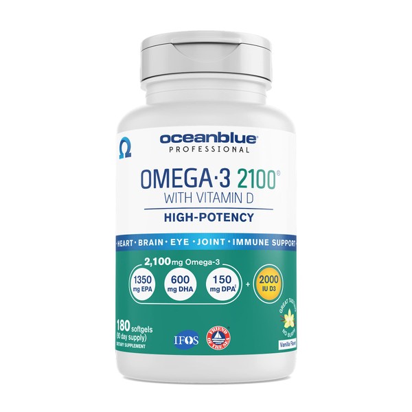 Oceanblue Omega-3 2100 with Vitamin D3 – 180 ct – Triple Strength Burpless Fish Oil Supplement with High-Potency EPA, DHA, DPA and Vitamin D3 – Wild-Caught – Vanilla Flavor (90 Servings)