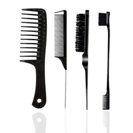 4 Stück Haarstyling Kamm Set, Doppelseitige Kanten Bürste, Teasing Haarbürste Rattenschwanz Kamm, Kämme für Frauen, Kanten-Kontrollbürste, Kunststoffborsten, für Zuhause, Friseure, Schwarz