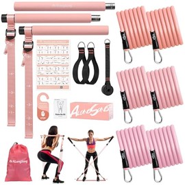 ALongSong Kit de Barra de Pilates Mejorado con Bandas de Resistencia de Látex Natural, Barra de Yoga y Pilates de Acero Inoxidable Multifuncional de A