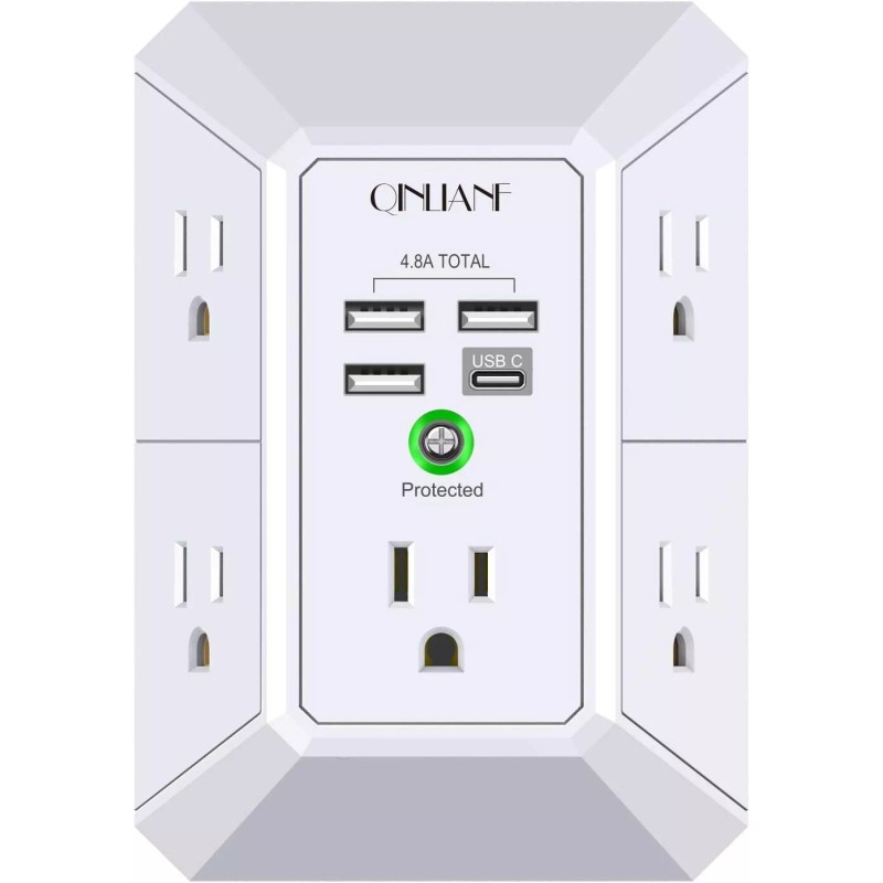 QINLIANF 5 Outlet Extender Surge Protector Multi Plug Wall Adapter