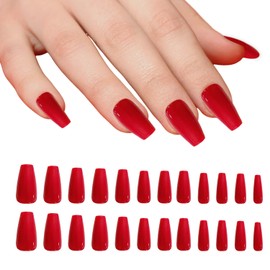 False Nails, 24PCS Red Long Coffin Bellarine Tapered Full Cover Glossy Fake Nails, Solid Color Artificial Finger Manicure for Women Girls Nail Decorations Y7CSMJJP (red)
