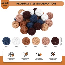 Asuinxurr Pack of 30 Wooden Beads, 20 mm, Wooden Beads for Threading, Crocheted Wooden Beads with Hole, Colourful Crochet Beads, Round Wooden Beads, Natural Crocheted Wooden Beads, Handmade Wooden
