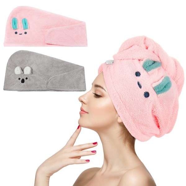 Pack of 2 Microfibre Hair Towels Absorbent Hair Towels Cute Cartoon Koala Bunny Quick Drying Towel Anti Frizz Hair Turban Head Scarf for Women or Girls Children, Pink, Grey