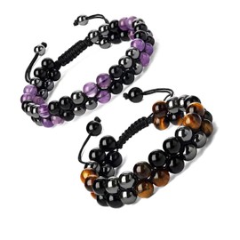 RUYEEE DESIGN 2 pcs Triple Protection Balance Bracelet for Men Women, Genuine Healing Crystal Bracelet Amethyst Black Obsidian Hematite 8mm, Pyramid Energy Crystal Beads Bracelet for Protection, Large, Nylon, no gemstone