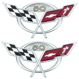 Pair Set Front Rear 50Th Anniversary Cross Flags Emblems 3D Badge Replacement for 1997-2004 C5 Corvette (Silver Red)