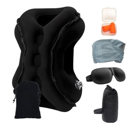 Mayeujds 【Upgrade】 Reisekissen Nackenkissen mit Augenmaske & Ohrstöpseln – Ergonomische Nackenstütze für Flugzeug, Auto & Büro (Schwarz)