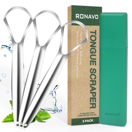 RONAVO Tongue Scraper for Adults (3 Pack), Reduce Bad Breath, Metal Tongue Scraper, Easy to use & Clean, with Travel Case for Home, Travel and On-the-Go