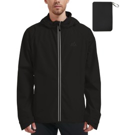 ATLASLAVA Men's Packable Rain Jackets Lightweight Waterproof Reflective Windbreaker Coat with Hood Cycling Running Golf Black L