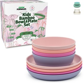 Grow Forward Bamboo Kids Plates and Bowls Sets - 8-Piece Dishwasher Safe Non Toxic Plates for Kids - Reusable Eco Friendly BPA Free Dishes Dinnerware Sets for Children - Floral