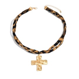 Scarf Bandana Necklace with Charm Leopard Chunky Gold Heart Starfish Cross Flower Bow Ball Choker Necklace Fabric Statement Jewelry (Cross)