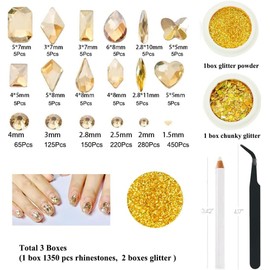 3 Boxes Champagne Gold Nail Rhinestones with Fine Glitters Kit, 60Pcs Big Glass Nail Gems with S6-S16 Flatback Round Stones,Crystals Nail Gem Stones for Faces Body DIY Crafts