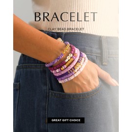 CCINPPY Friendship Bracelets Trendy Heishi Clay Bead Bracelets Stack Gold Beaded Stretch Bracelets for Women Boho Stackable Bracelets Bulk Cute Preppy Jewelry Christmas Birthday Gift, Purple