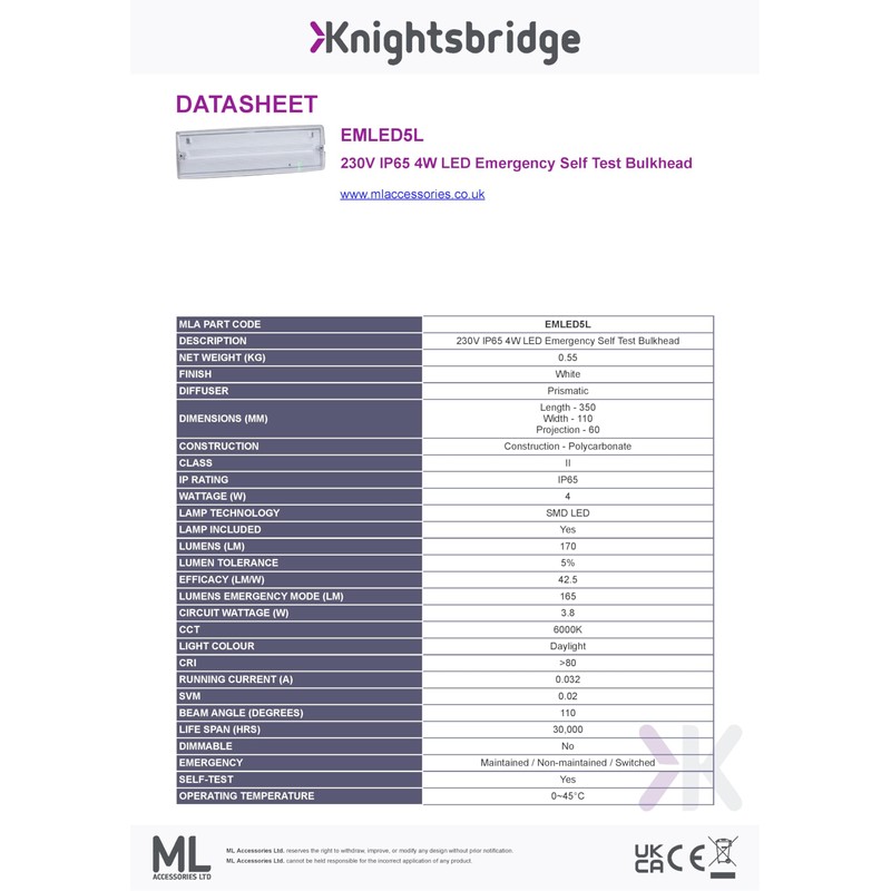 Knightsbridge 230V IP65 4W LED Emergency Self Test Bulkhead
