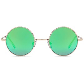 styleBREAKER Unisex sunglasses with small round lenses and delicate metal frame, slim design, spring hinges 09020065., Colour:Gold Frame/Mirrored Green-Blue Glass