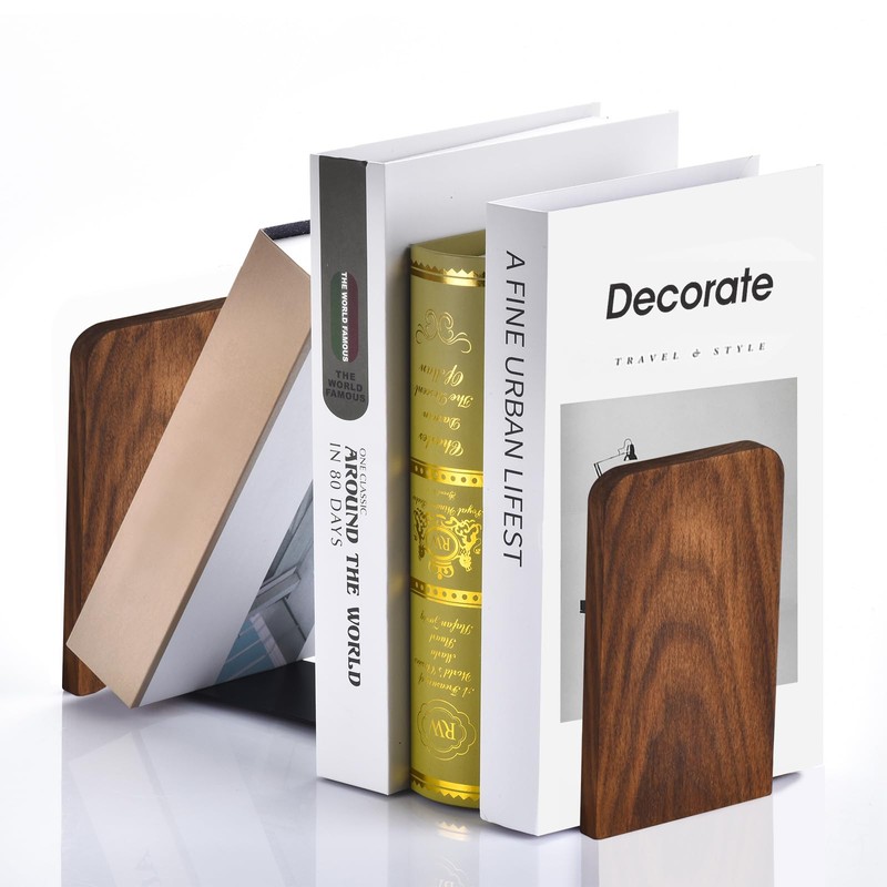 VIVTOB Book Ends, Black Walnut Wooden Bookends for Shelves -