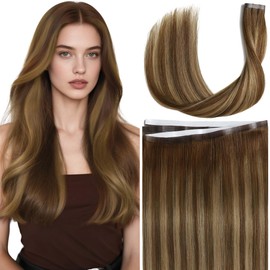 Lacer Wide Tape in Hair Extensions 20 inch Human Tape in Hair Extensions Chocolate Brown to Caramel Blonde with Brown Roots Invisible Silky Straight One Piece Tape Weft 50g