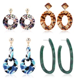 SEVENSTONE 4 Pcs Acrylic Dangle Drop Earrings Statement Mottled Boho for Women Resin Tortoise Fashion Jewelry Set