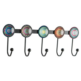 Banllis Boho Coat Rack Wall Mounted with 5 Hooks, Multi-Color Mandala Pattern Decorative Wall Hooks for Hanging Hat, Key, Towel, Purse, Bag, and Robe - for Entryway, Bathroom, and Office