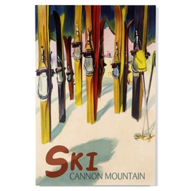 Lantern Press 12x18 Inch Premium Wood Sign, Ready to Hang Wall Decor, Cannon Mountain, New Hampshire, Colorful Skis