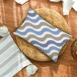 Asamour Blue Grey Decorative Wave Line Lumbar Pillow Covers 12x20 Inch, Geometric Boho Elegant Gray Blue White Decor Mid Century Farmhouse Throw Pillows Accent Cushion Cases for Sofa Bed Decorations