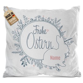 PR Print Royal Flauschiges Osterkissen mit Name selbst gestalten - Frohe Ostern - Osterkranz mit Hasen Kontur, Personalisiertes Ostergeschenk - Dekokissen 40 x 40 cm, mit Kissenfüllung, Weiß