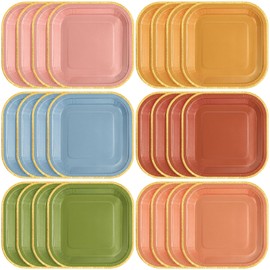 Tiangrid 60 Pcs Bright Wildflower Colorful Vintage Paper Plates 7 Inch Gradient Disposable Square Dessert Party Plates with Gold Edge for Birthday Wedding Bridal Baby Shower Party Supplies, 6 Colors