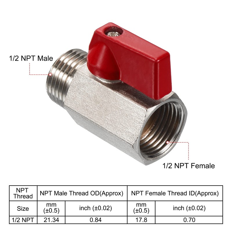 PATIKIL 1/2 NPT Brass Mini Ball Valve, 2 Pack NPT