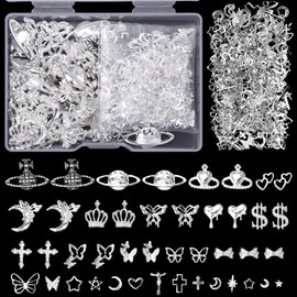 320 Pcs Silver Nail Charms Studs, Assorted 3D Planet Crown Moon Butterfly Alloy Nail Jewelry Charms, Heart Dollar Cross Nails Bow Charms, Star Moon Rivet Nail Studs Charms DIY Supplies