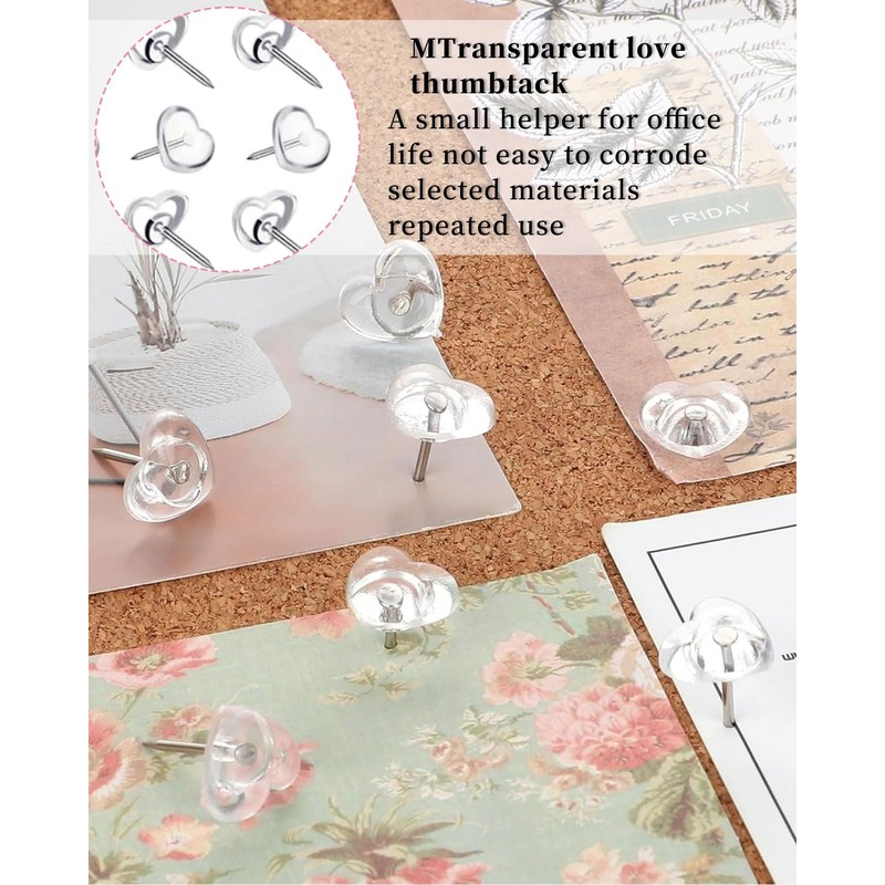 MYGLOAR 100pcs Heart Shaped Push Pins Push Pins Clear 16mm