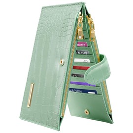 Simikol Large Capacity Wallets for Women Crocodile RFID Blocking 19 Card Slots Organizer Wallet Womens Billfold Long Purse Credit Cards Holder with Double Zipper,Green