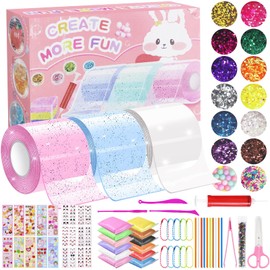 70Pcs Nano Tape Bubble Kit for Kids, DIY Nano Squishy Kits with Clay Sugar Particles Air Pump Stickers Magic Tape Craft Novelty Toys Set for Making Bubbles Girls Boys