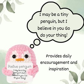 Positive Penguin Crochet Emotional Support Gift & Linen Gift Bag | Cute Positive Gifts, Pocket Hug | Inspirational Gifts For Women, Men, Friends, Work Colleagues | Good Luck, Mental Health