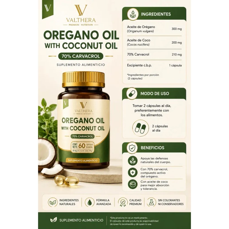 Aceite Orégano + Aceite De Coco Cap 70% Carvacrol Valthera