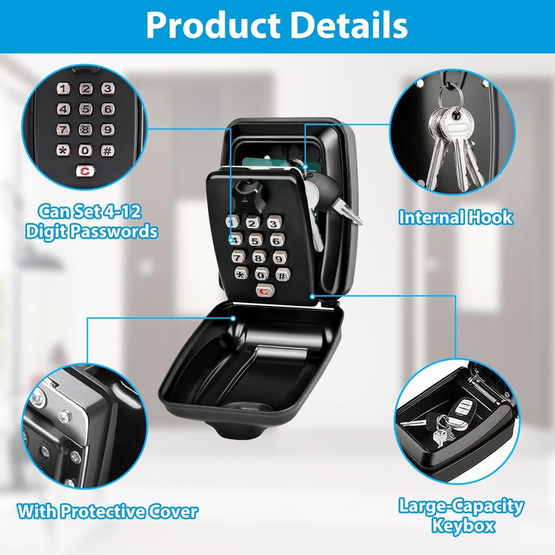 Key Safe Wall Mounted, Waterproof Key Safe, Resettable 12 Digit