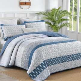 WONGS BEDDING Blue Quilt Twin Size, Bohemian Stripe Quilt Sets 2 Pieces Blue Boho Quilted Bedspread Set Lightweight Microfiber Coverlet Bedding Set All Season (68"×86")