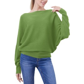 FULIER Boat Neck Batwing Sleeves Dolman Knitted Sweaters and Pullovers Tops for Women One Size (Avocado Green)