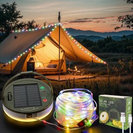 33FT Solar Camping String Lights, Rechargeable String Lights with 8 Modes, Waterproof Outdoor Lights with Delay Closure, Retractable Design & Hooks for Outdoor Patio Awning Garden Party Essentials