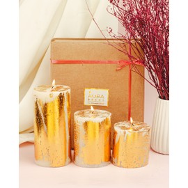 AuraDecor Unscented Pillar Candle Set of 3 (3inch*3inch, 3inch*4inch, 3inch*6inch) || Unscented Candle || Long Burning || Gift Set || Set of 3 Candle || Pillar Candle. (Gold Dust)