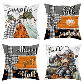 Fall Pillow Covers 18x18 Set of 4 Vintage Velvet Pillow Cover Pumpkin Floral Decorative Farmhouse Home Decor for Couch Bed Living Room Black Orange Pillow Cases Scarecrow