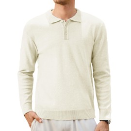 Cotrasen Men's Long Sleeve Polo Sweater Collared Pullover Lightweight Casual Golf Textured Polo Shirts Beige White M