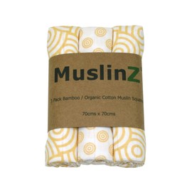 MuslinZ 3PK Bamboo/Organic Cotton Muslin Squares, Burp Cloths 70 x 70cm (Gold Swirl)