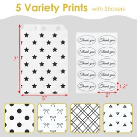 MOOCA 200 Pcs 5 Variety Prints Paper Gift Bags with Stickers, Jewelry, Cookie & Candy Buffet Bags, Treat Bag, Color: Black and White, 5W x 7H in