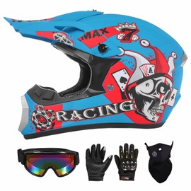 SPARK DOT Youth Motocross Kids Dirt Bike Helmets Full Face Motorcycle Off-Road Mountain E-Bike BMX MX ATV Helmet (with Gloves Goggles Mask) 4Pcs Set, 01 Blue, Large (59-60cm)