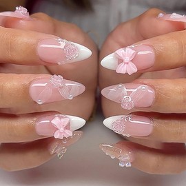 Hkanlre Medium French Flower Press on Nails White Fake Nails Tips French Full Cover Almond False Nails for Women 24PCS