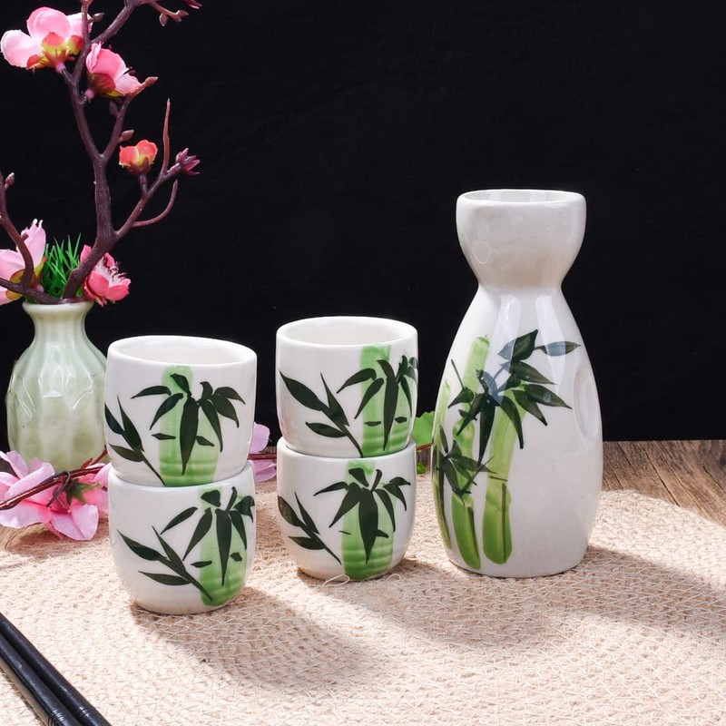 Japanese Ceramic Sake Set of 5,Bamboo Pattern Sake Pot and