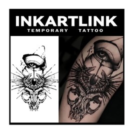 INKARTLINK Tattoo Tech, 2 Sheets Large Semi Permanent Tattoo, Adult Art Design Temporary Tattoos, Lasts 1-2 Weeks, Waterproof, Realistic Look, No Adhesive, No Reflection (Dark Skull Design)