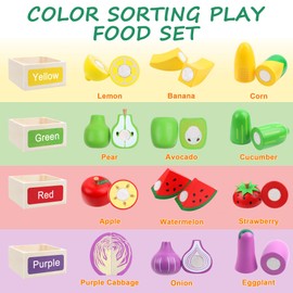 MerryPony Wooden Play Food Set for Kids Kitchen - 34 Pcs Velcro Fruit & Veggie Cutting Toys with 4 Color Sorting Boxes, Montessori Pretend Play for Toddlers, Birthday Gifts for Boys and Girls