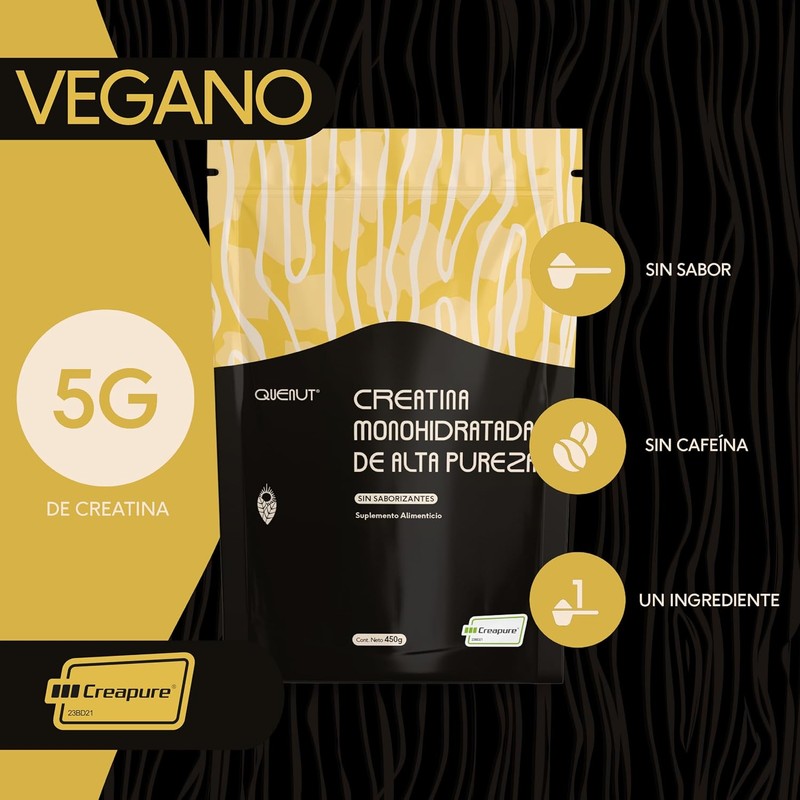 Creatina Monohidratada Creapure 450g – QÜENUT CRE450, 90 Porciones Veganas